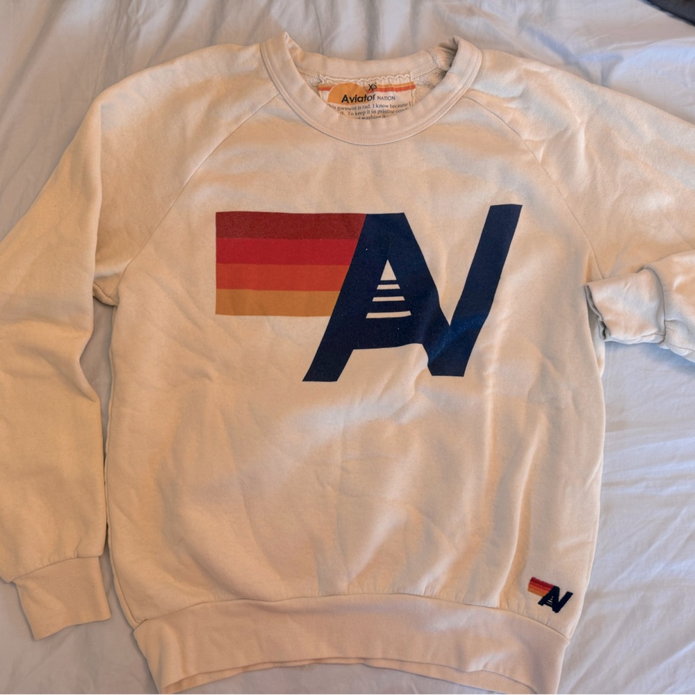 Aviator Nation Logo Relaxed Crew XS in vintage  white